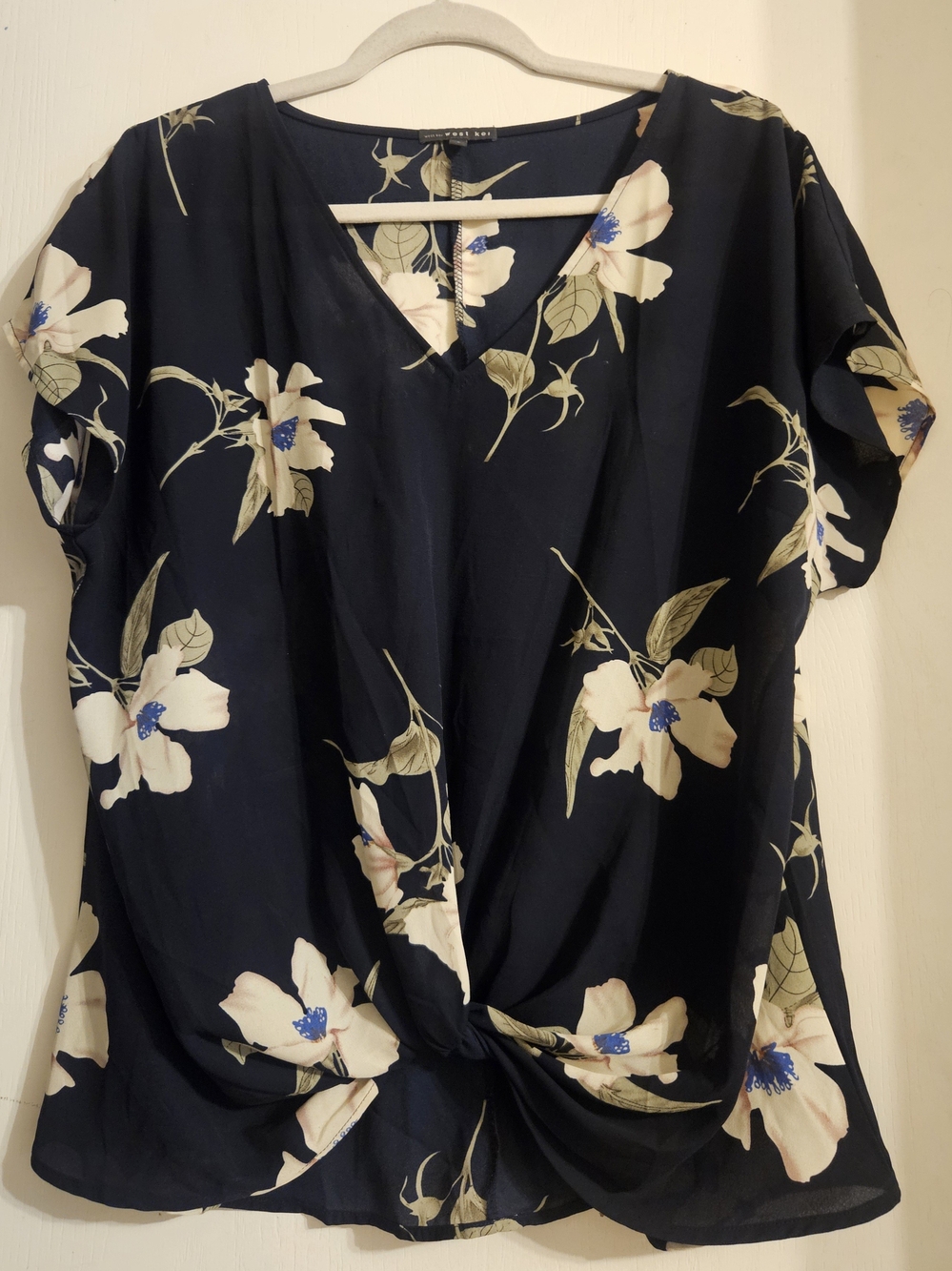 West Kei Navy Floral Twist Front High Low Cold Shoulder Top L